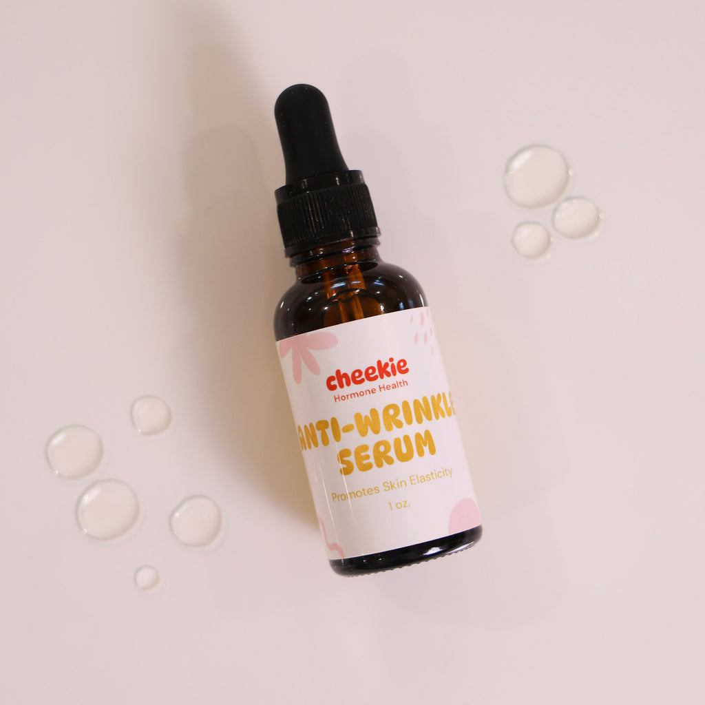 Bottle of Cheekie anti-wrinkle serum with dropper on a light background